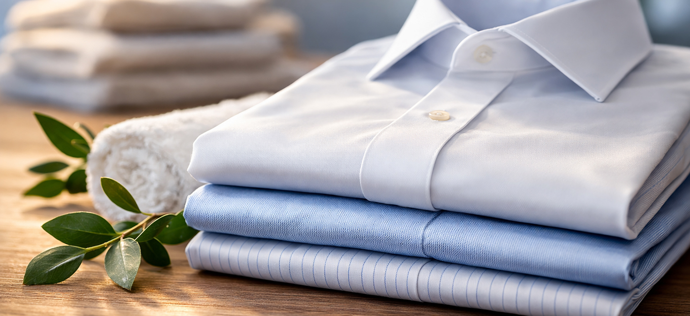 Auf einer Kommode liegt ein Stapel gereinigt und gebügelter Hemden