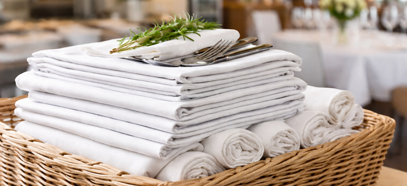 In einem Weidenkorb liegen gereinigte und gefaltete Servietten. Im Hintergrund ein Restaurant.