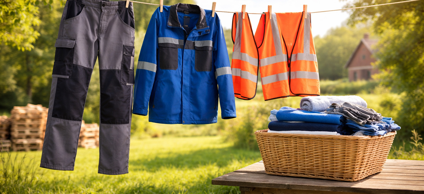 Auf einer Wäscheleine hängt gereinigte Arbeitskleidung.