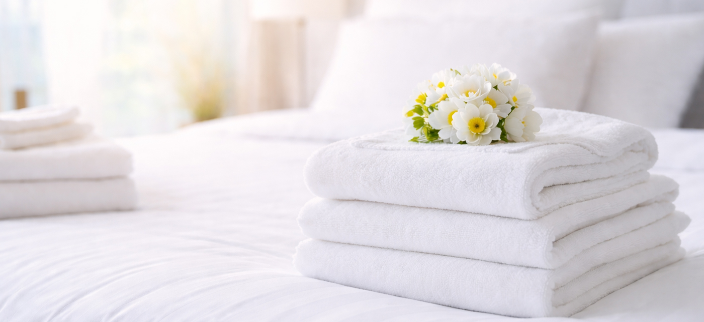Weiße saubere Wäschestapel liegen auf einem gemachten Bett.